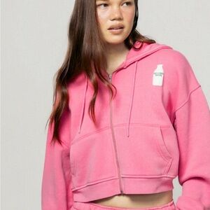 Strawberry Milkshake full Zip-Up Cropped Hoodie with  milk bottle Logo